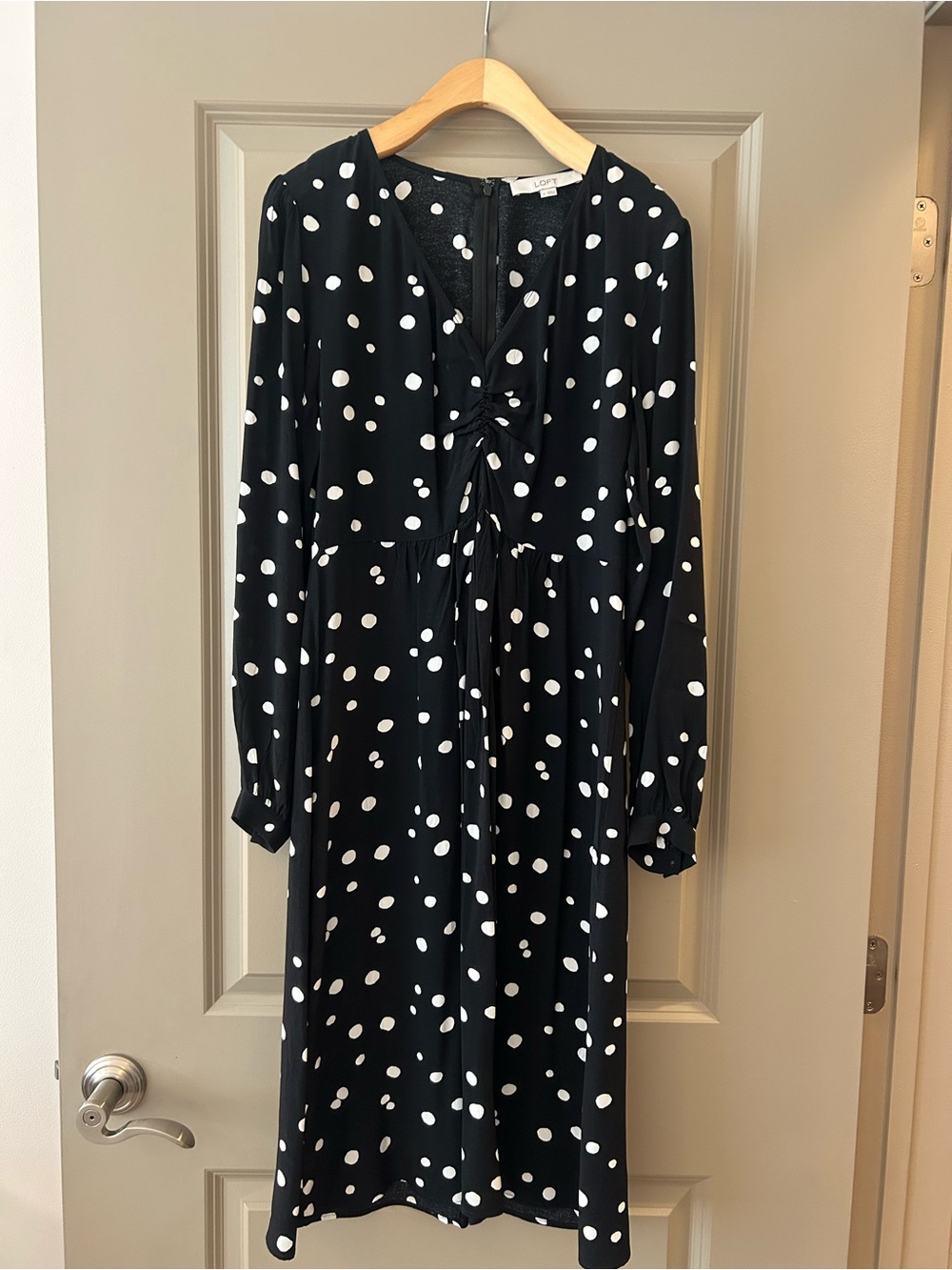 LOFT Black and White Polka Dot Tie-Front Midi Dress
